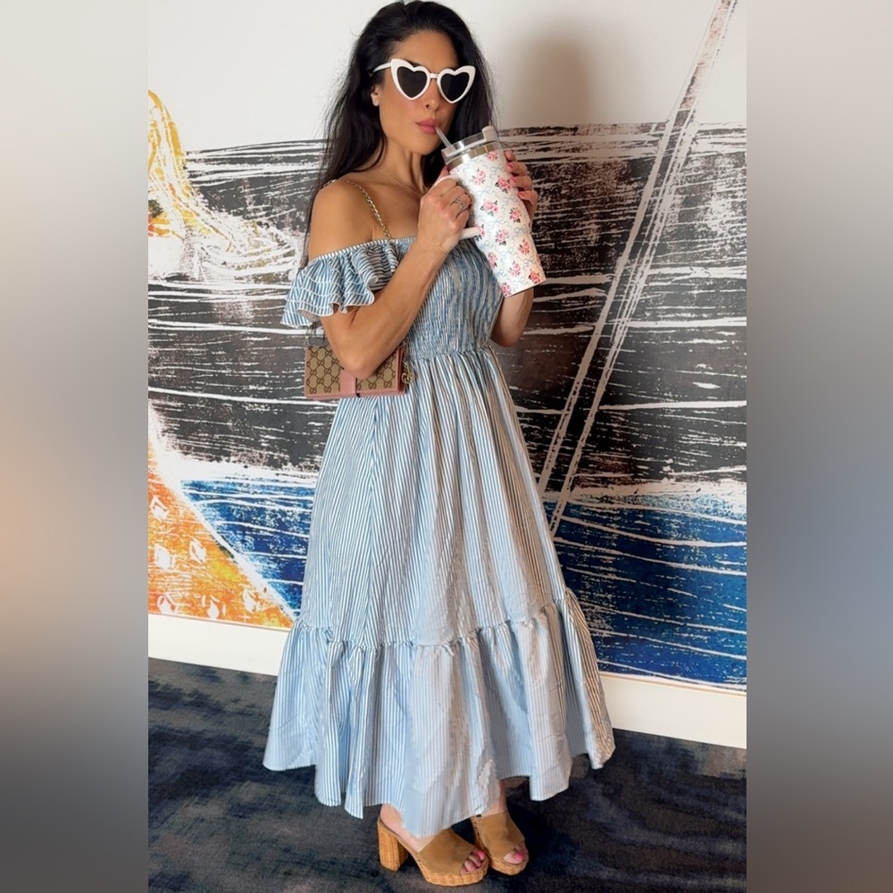 Blue and White Striped Off-Shoulder Flowey Maxi Dress Tunic Size Small - Picture 11 of 12
